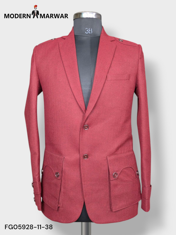 Modern Marwar premium gun pocket blazer in maroon with stylish double front pockets and button detailing
