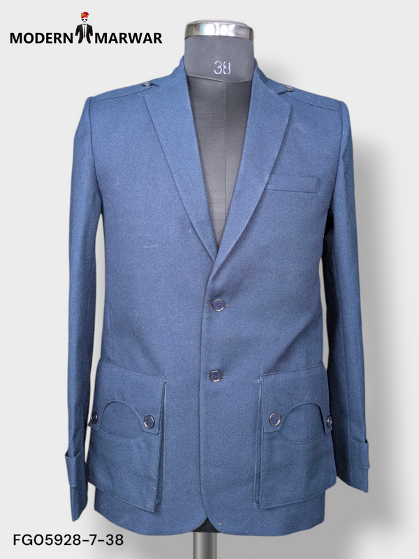Modern Marwar premium gun pocket blazer in blue with stylish design and functional pockets