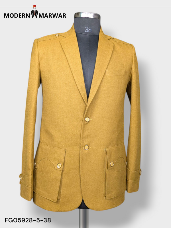 Premium gun pocket blazer from Modern Marwar in a stylish mustard color with detailed pockets