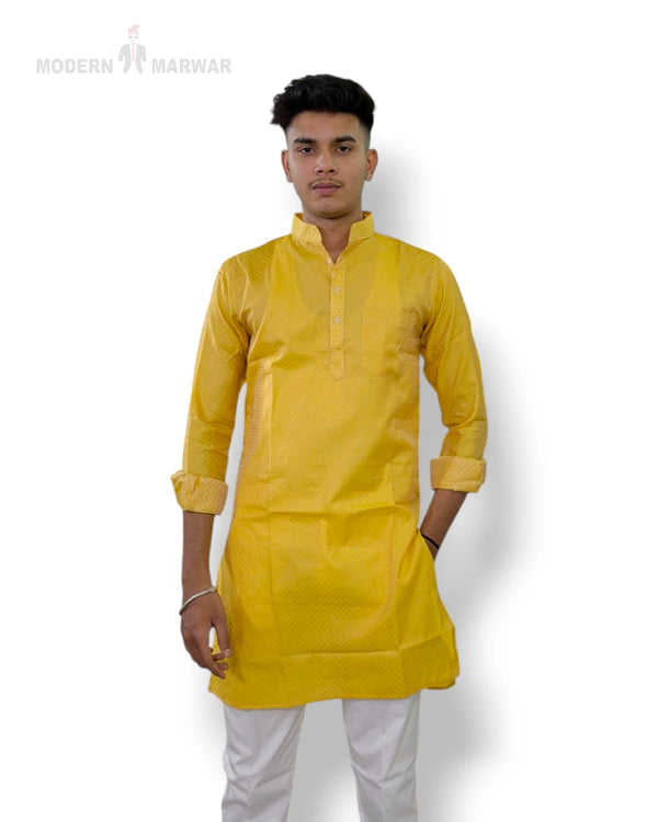 Modern Marwar premium kurta for men in vibrant yellow with traditional collar and full sleeves