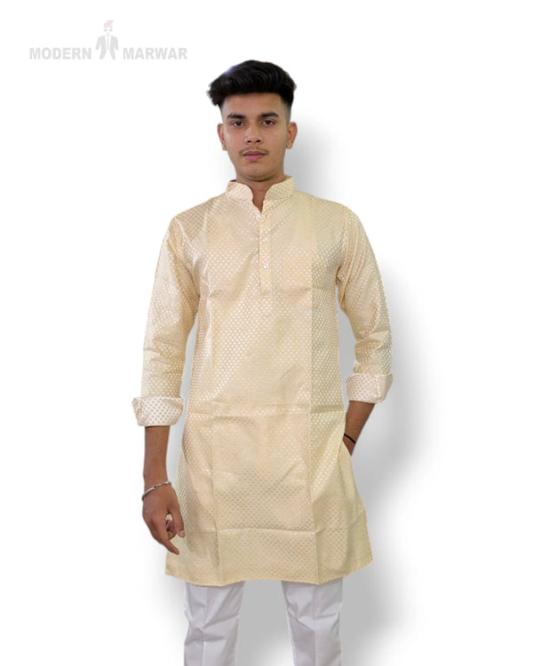 Elegant cream-colored premium kurta for men with a stylish collar and long sleeves by Modern Marwar