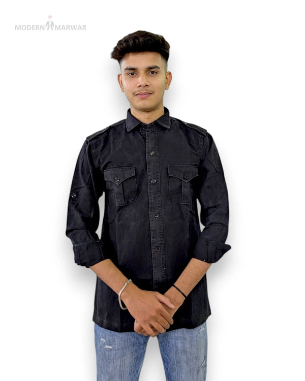 Modern Marwar premium men's linen shirt in black with two front pockets and a slim fit design