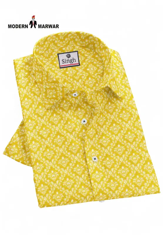 Bright yellow premium men's shirts by Modern Marwar with a floral pattern and classic collar