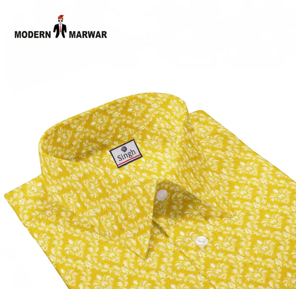 Modern Marwar premium men's shirts in vibrant yellow floral design with a classic collar