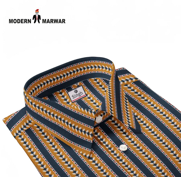 Modern Marwar premium men's striped shirts in yellow and navy with unique pattern and button-down collar