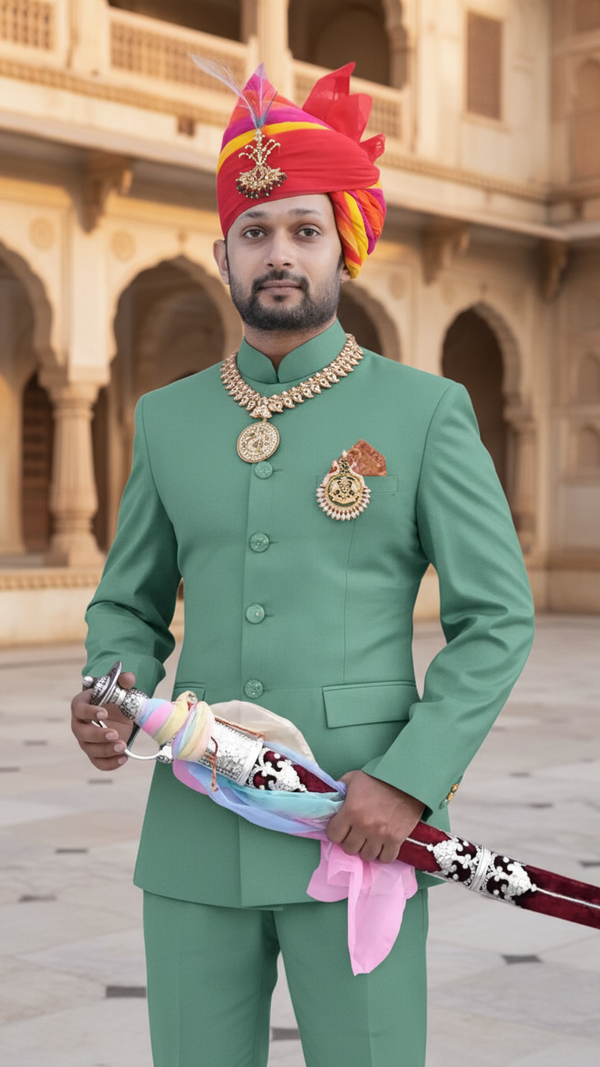 Elegant Rajputi Jodhpuri Suit for Men in Green with Traditional Accessories and Turban