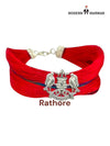 Default red fabric Rathore logo moli bracelet in a detailed angle view