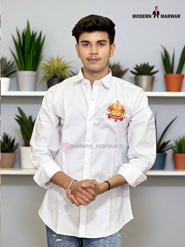 White Rathore logo shirt for men by SINGH featuring embroidered crest design on chest