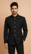 Elegant black royal bandhgala suit for men with intricate floral embroidery detail