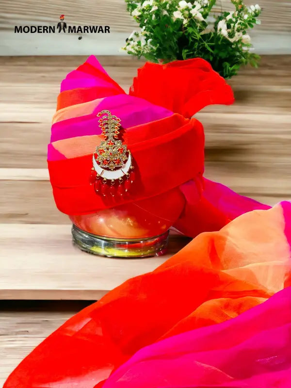 Vibrant Safa Turban for Weddings in Red and Pink with Traditional Ornament from Modern Marwar