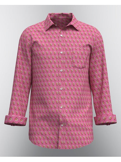 Sanganeri men's shirt in vibrant pink with intricate traditional patterns and long sleeves