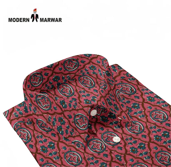 Sanganeri men's shirt with intricate floral patterns in vibrant colors from Modern Marwar