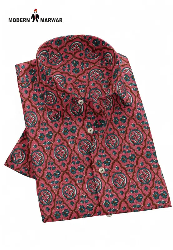 Sanganeri men's shirt by Modern Marwar in vibrant red with intricate floral patterns