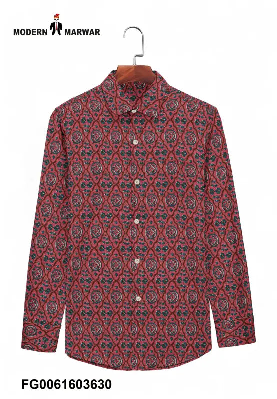 Sanganeri men's shirt in red and blue floral pattern, perfect for casual and festive occasions