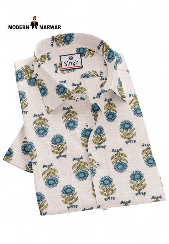 Sanganeri print men's shirt by Modern Marwar featuring floral patterns and a crisp collar design
