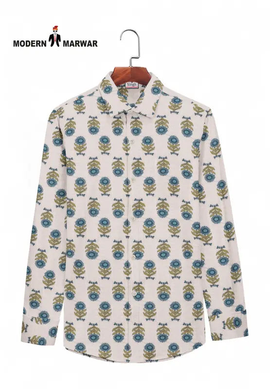 Sanganeri print men's shirt from Modern Marwar with intricate floral patterns in blue and green
