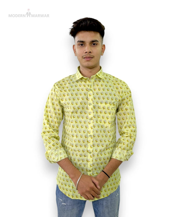 Sanganeri print men's shirt in yellow with stylish design from Modern Marwar