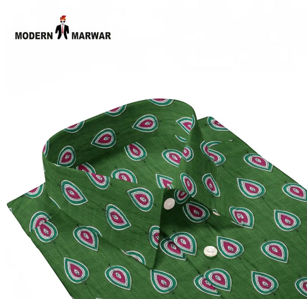 Modern Marwar Sanganeri print shirt in green with elegant paisley patterns and button-down collar