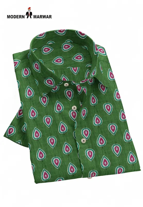 Modern Marwar Sanganeri print shirt in green with a unique teardrop pattern and buttons