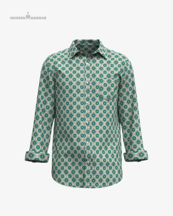 Modern Marwar Sanganeri print shirt in green with intricate floral patterns for a stylish look