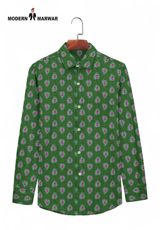 Modern Marwar Sanganeri print shirt in green with vibrant floral patterns, perfect for casual wear