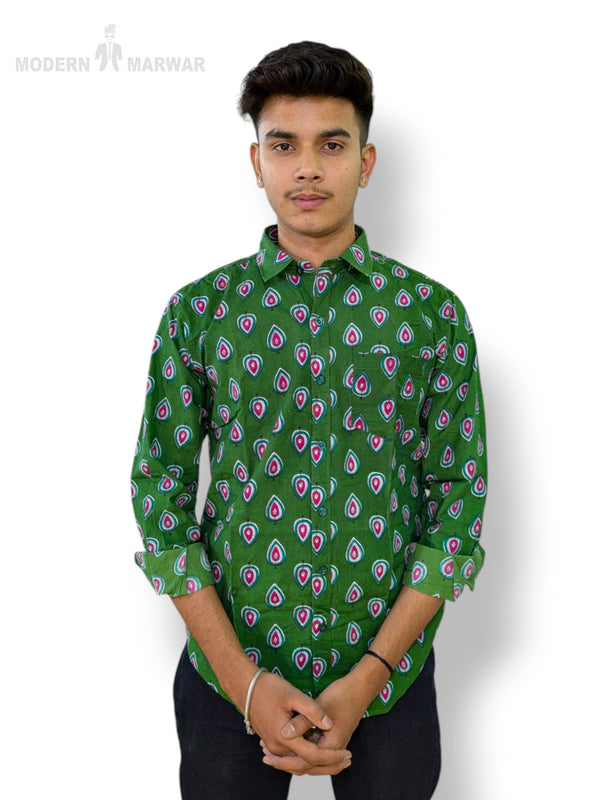 Green Sanganeri print shirt by Modern Marwar with vibrant floral patterns and a classic fit