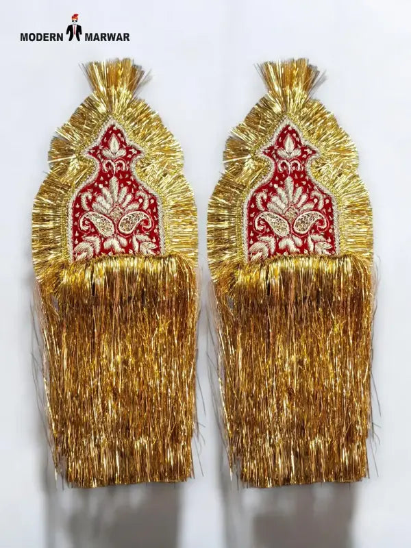 Gold fringe sherwani accessory with intricate red embroidery for festive occasions