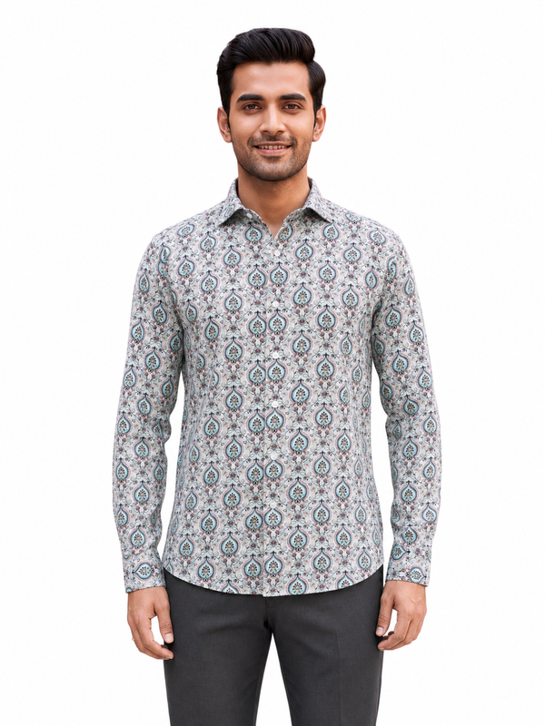 SINGH men’s cream turquoise paisley print full-sleeve shirt front view