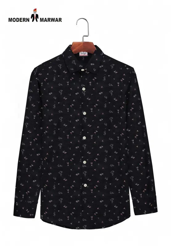 Modern Marwar black printed men's shirt with long sleeves and button-down front