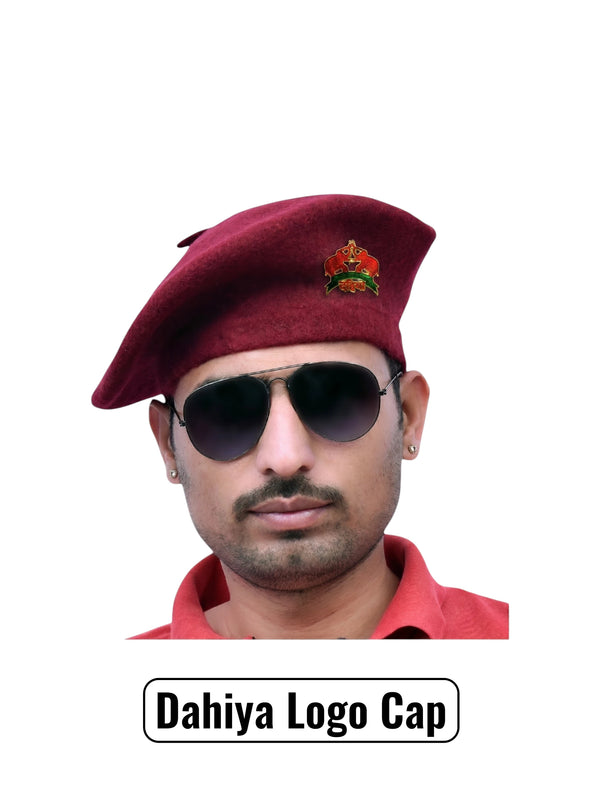 Default maroon beret cap in wool worn at an angle featuring Dahiya Logo & Beret Cap By Singh Brand