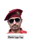 Default burgundy beret cap in wool worn at an angle featuring Khichi Logo & Beret Cap By Singh Brand