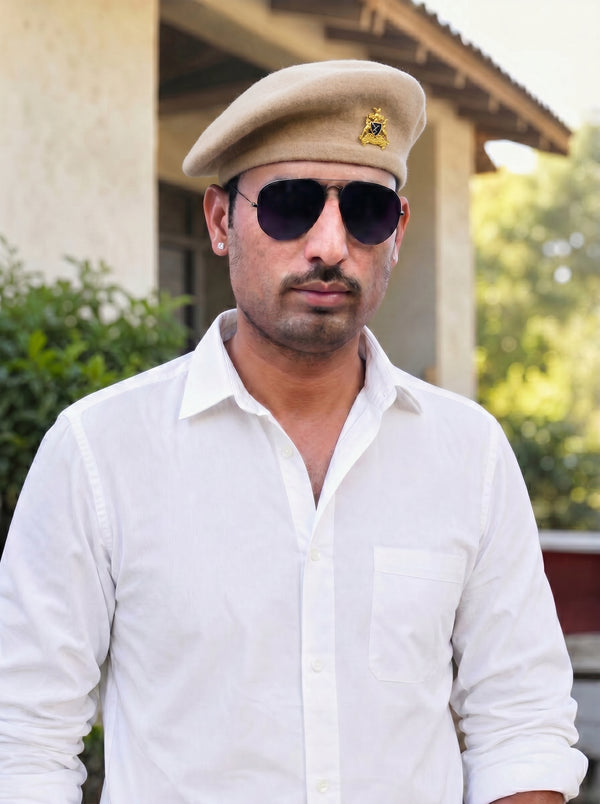 Modern Marwar beige cotton outfit with Bhati Lobo & beret cap combo by singh brand