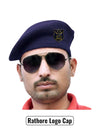 Default navy beret cap from SINGH brand worn with sunglasses featuring Rathore Logo