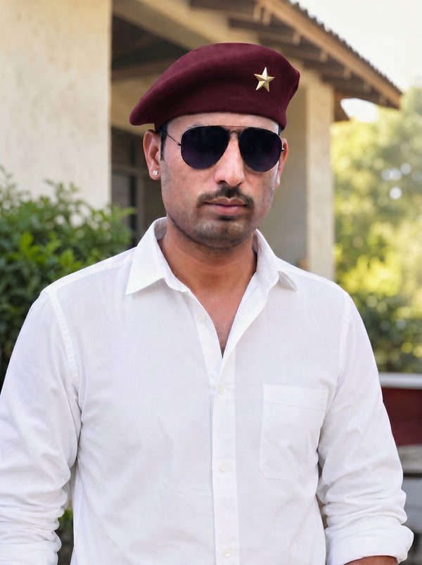 Default maroon beret cap made of fabric, worn by man with sunglasses, Star Lobo & Beret Cap By Singh Brand