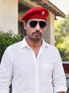 Default red cotton beret cap worn by a man with sunglasses, Star Lobo & Beret Cap By Singh Brand