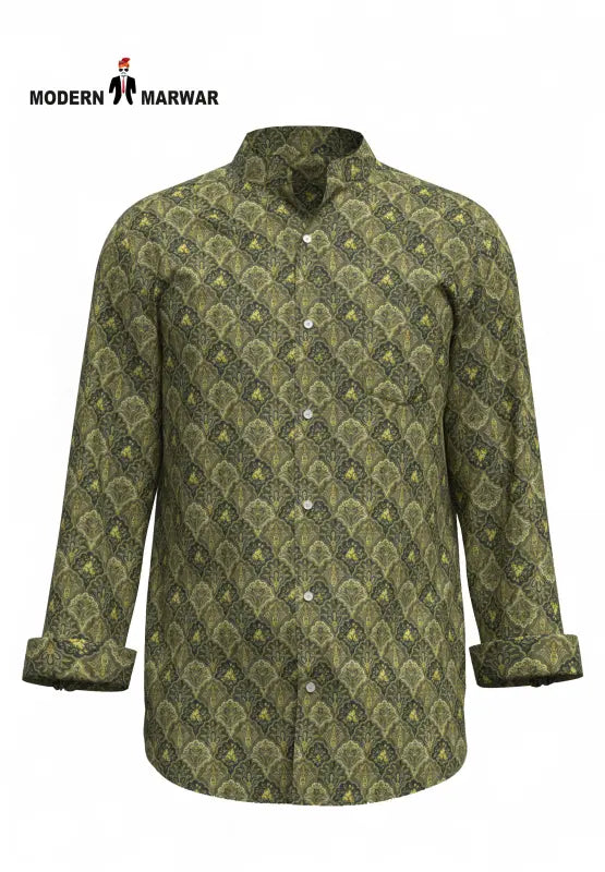 Stylish green Jodhpuri collar shirts for men by Modern Marwar with unique pattern design