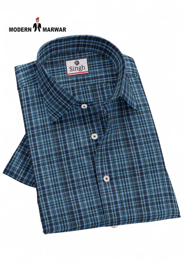 SINGH men's blue checkered shirt neatly folded showing button-down front and collar