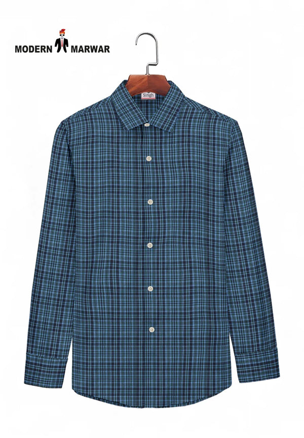 Singh men's blue checkered shirt with long sleeves and button-down collar on hanger