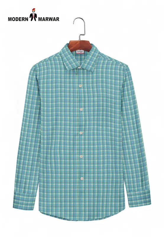 Modern Marwar men's checked shirt in blue and green with long sleeves on wooden hanger
