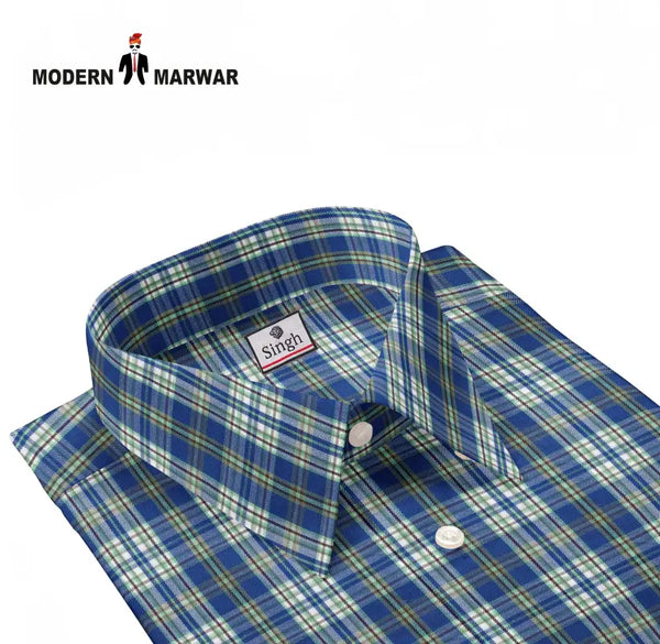 Modern Marwar men's checked shirts in blue green and white color with button-down collar