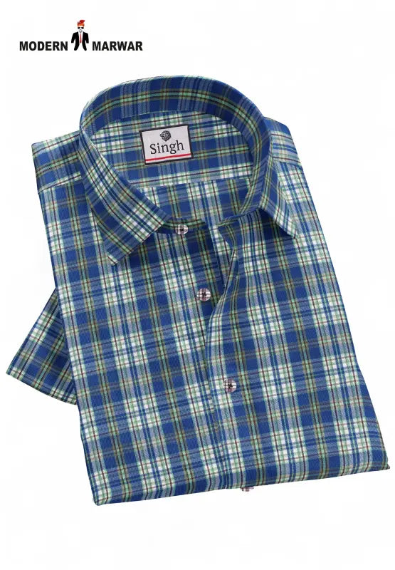 Modern Marwar men's checked shirts in blue green plaid pattern with button-down collar