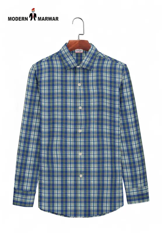 Modern Marwar men's checked shirts blue and green plaid button-down shirt on hanger
