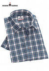 Modern Marwar men's checked shirts in blue and white plaid pattern, folded neatly