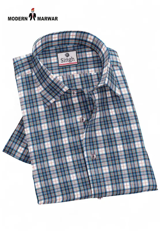 Modern Marwar men's checked shirts in blue and white plaid pattern, folded neatly