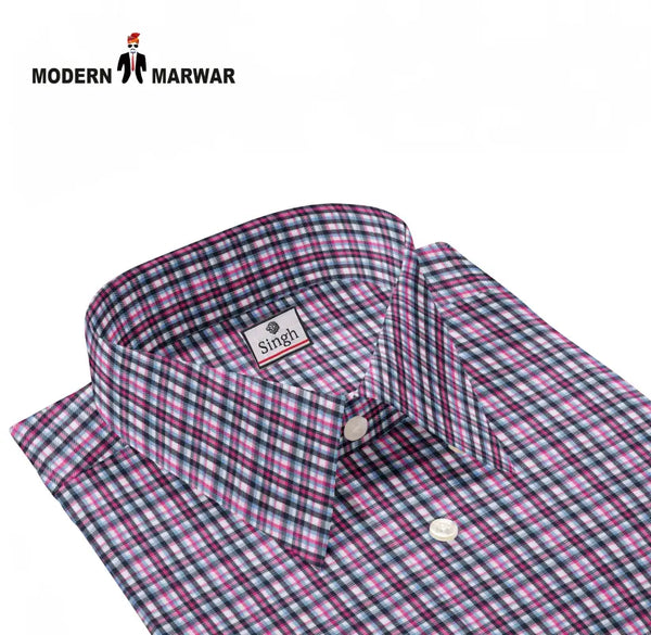 Modern Marwar men's checked shirts in a folded style featuring a pink and blue checkered pattern