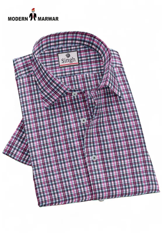 Modern Marwar men's checked shirts in purple and white plaid pattern with button-down collar
