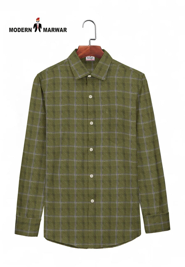 Modern Marwar men's checked shirts in olive green with a classic collar and button-up front