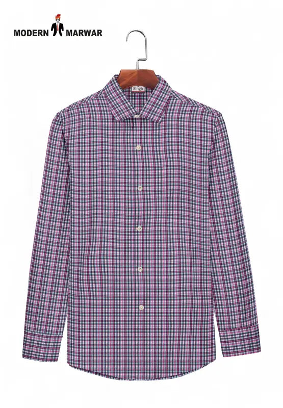 Modern Marwar men's checked shirts in purple and white with full sleeves and button-down collar