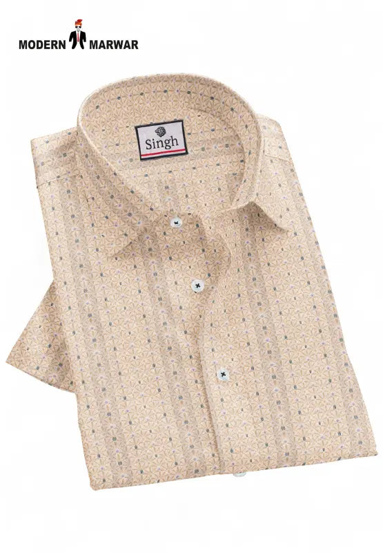 Singh beige men's designer casual shirt with subtle patterned design and button closure