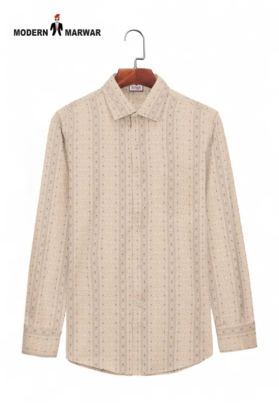 SINGH men's designer casual shirt beige with subtle vertical pattern and long sleeves on hanger